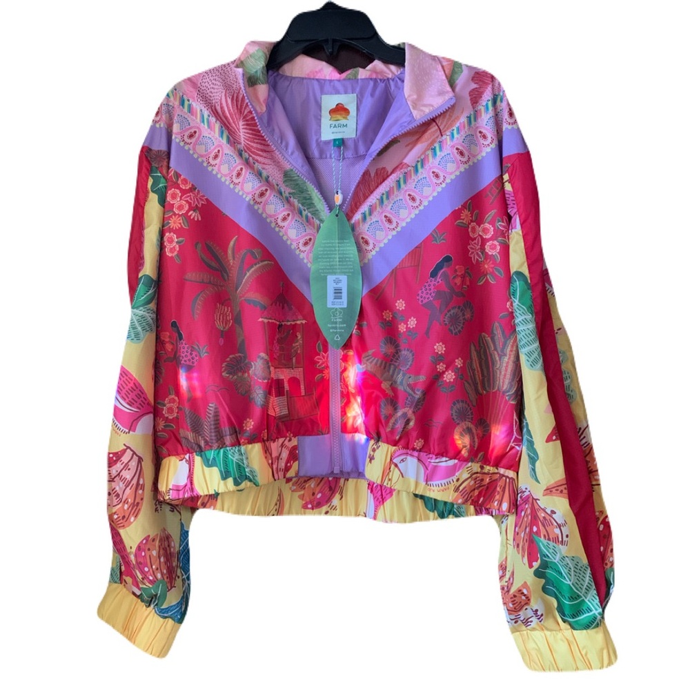 FARM Rio Red and Pink Bomber Jacket Vibrant Artistic Design